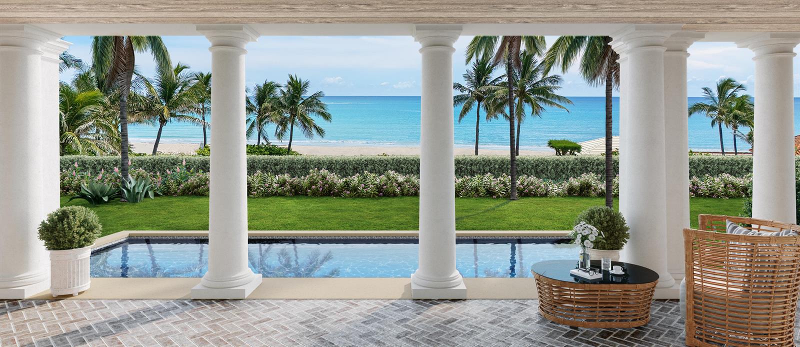 A covered patio with white columns overlooks a swimming pool, lawn, and the ocean — 1285 N Ocean Boulevard, Palm Beach FL 33480, PALM BEACH, FL