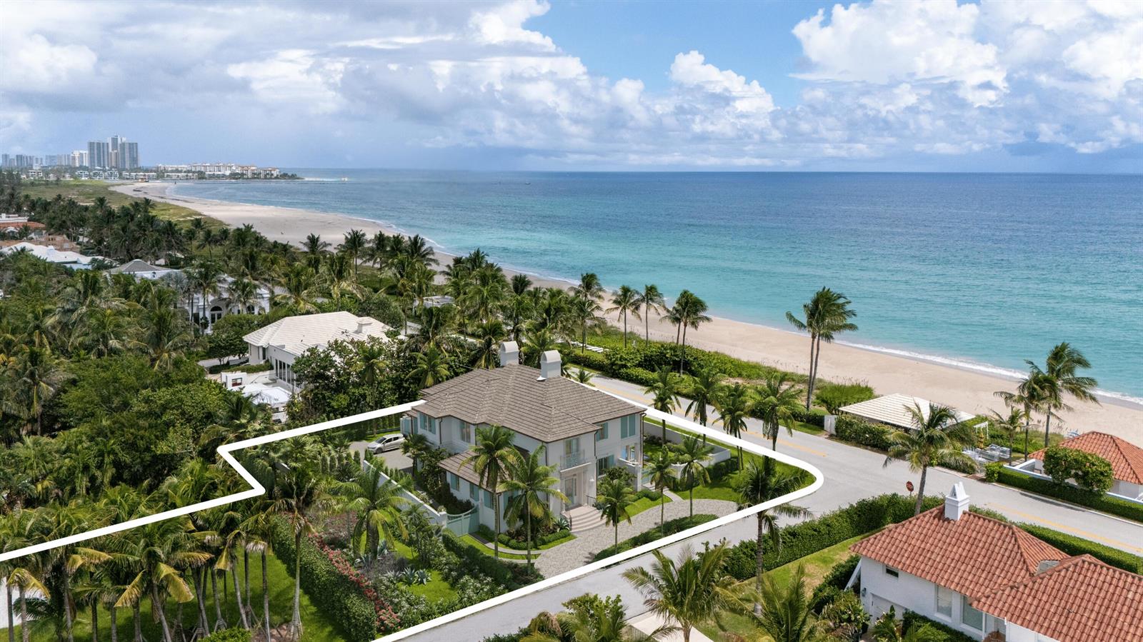 An aerial view shows a two-story house near a beach with a highlighted property boundary — 1285 N Ocean Boulevard, Palm Beach FL 33480, PALM BEACH, FL