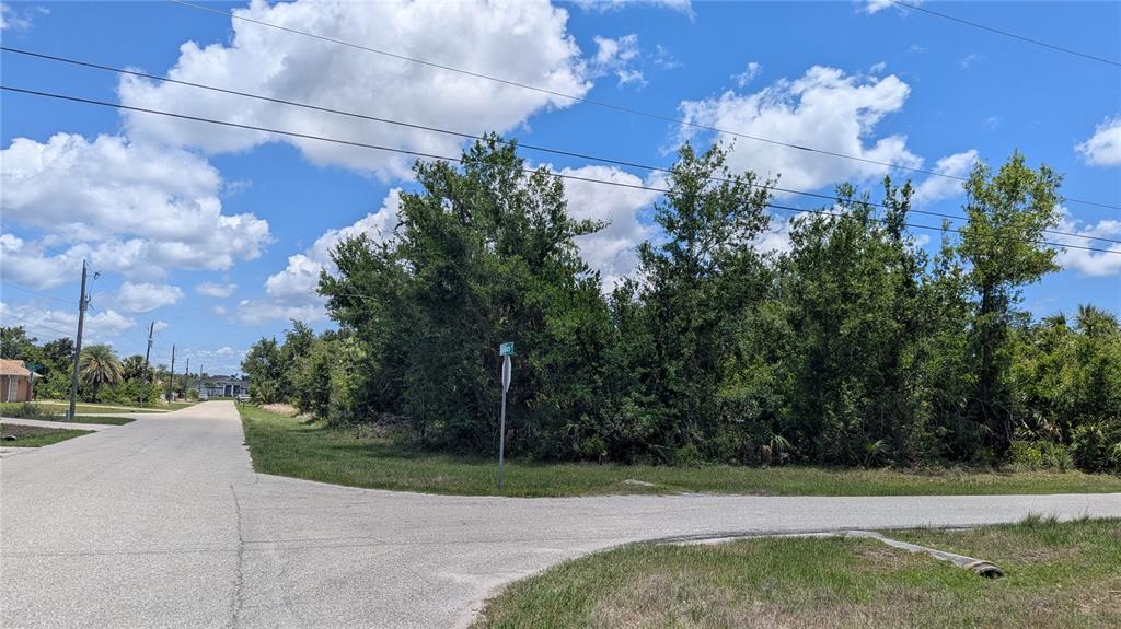 A vacant, wooded corner lot sits at the intersection of two paved residential streets — 10017 COCOA BEACH STREET, PORT CHARLOTTE, FL