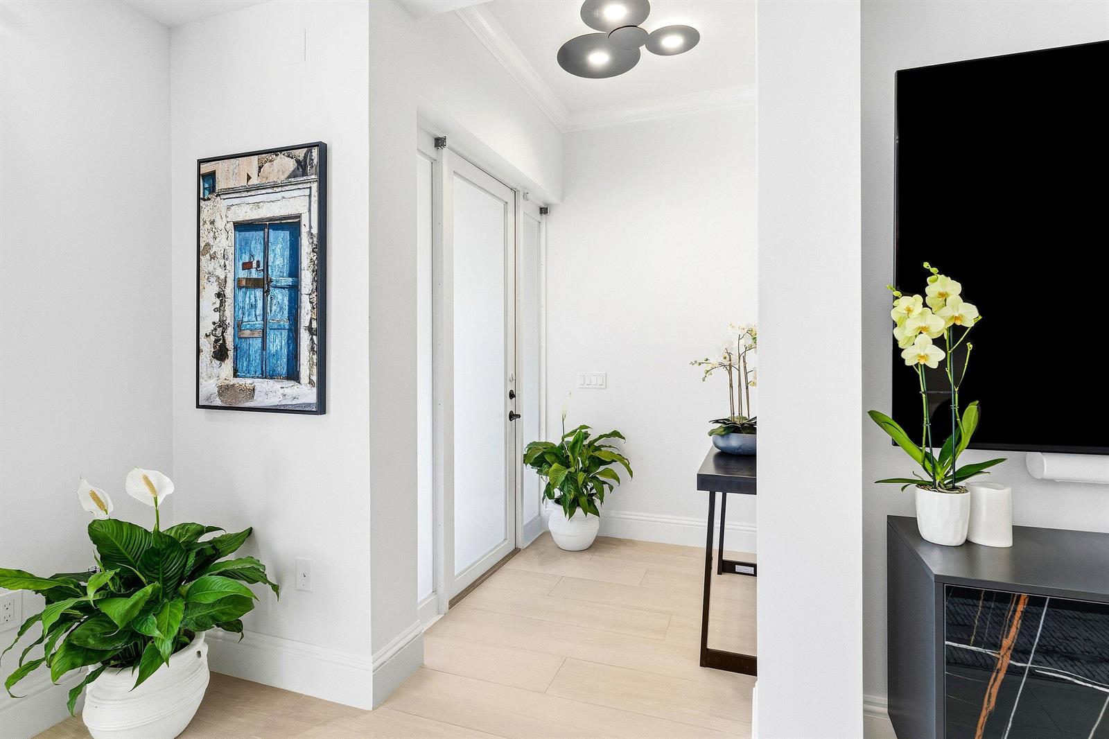 A bright entryway features light wood flooring, white walls, potted plants, and a modern ceiling light — 122 SE 6th Avenue # 3, Delray Beach FL 33483, DELRAY BEACH, FL