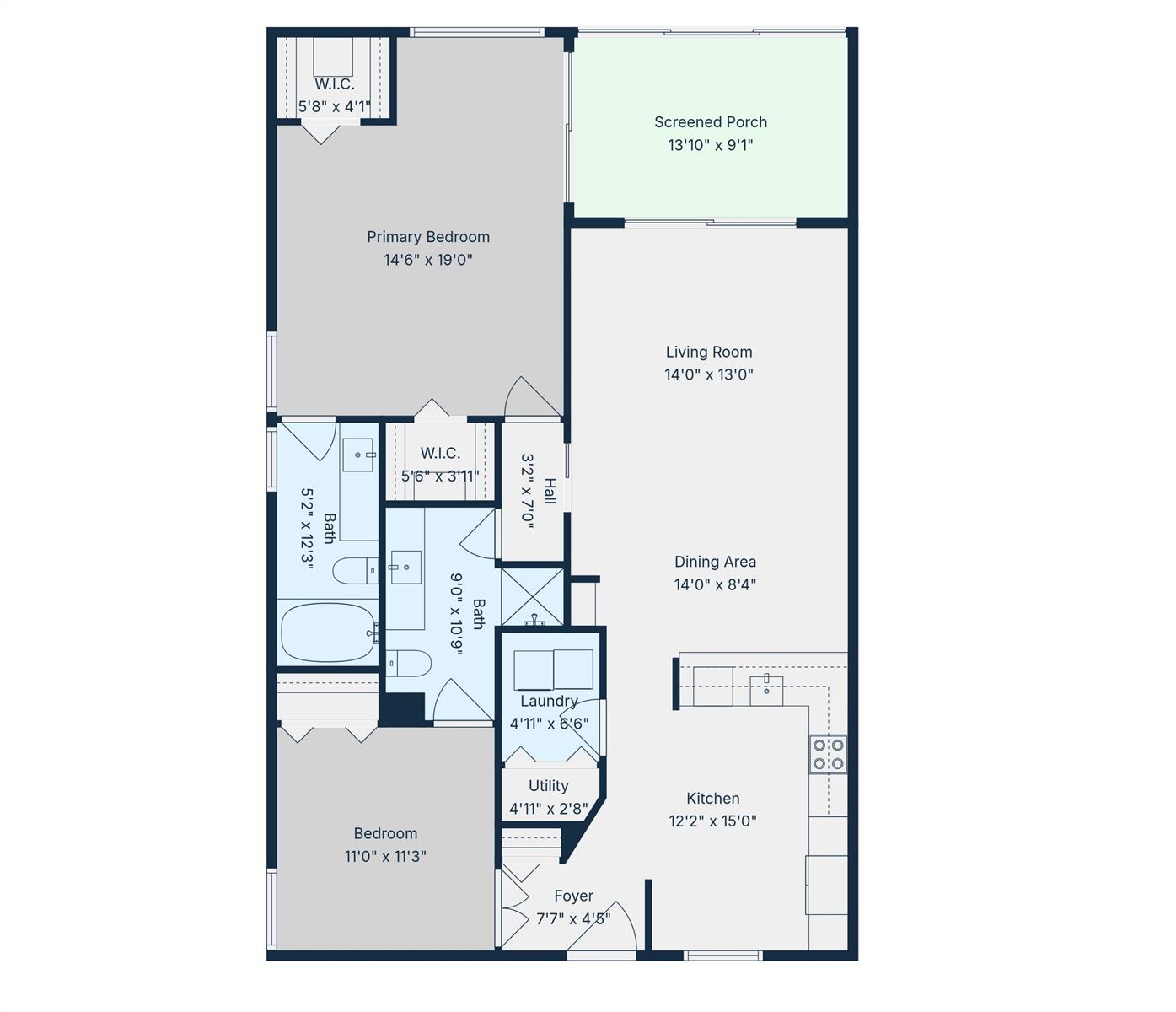 This is a floor plan of a two-bedroom apartment with a screened porch — 2202 S Cypress Bend Drive # 101, Pompano Beach FL 33069, POMPANO BEACH, FL
