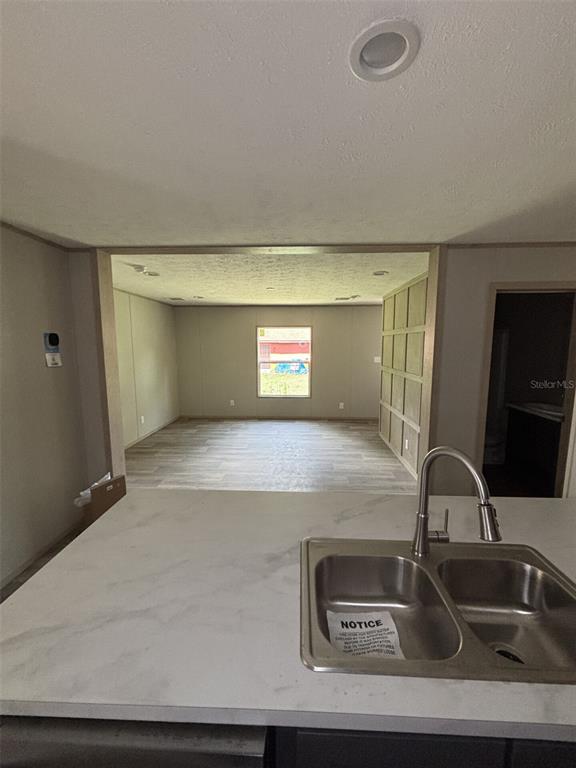 A kitchen sink with a faucet overlooks a living area with light-colored wood flooring — 175 SMITH STREET, MULBERRY, FL