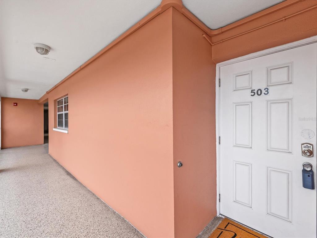 A white door marked 503 is set into a peach-colored exterior wall along a walkway — 6800 20TH AVENUE N UNIT 503, ST PETERSBURG, FL