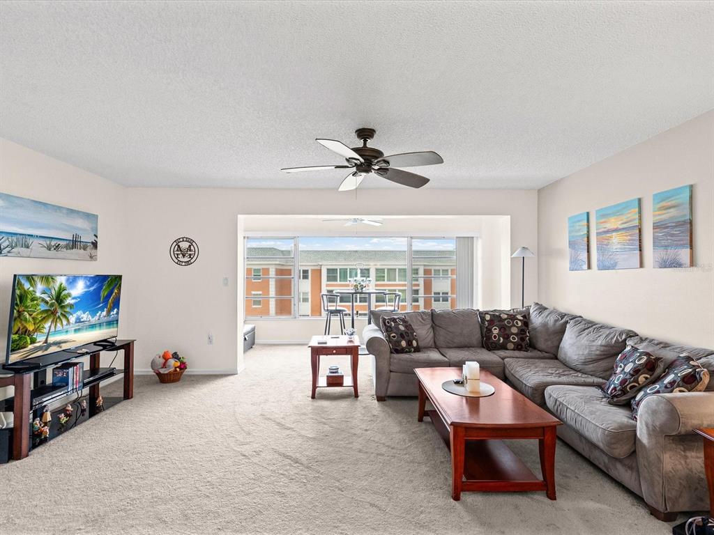 A living room features a gray sectional sofa, a wooden coffee table, and a television — 6800 20TH AVENUE N UNIT 503, ST PETERSBURG, FL