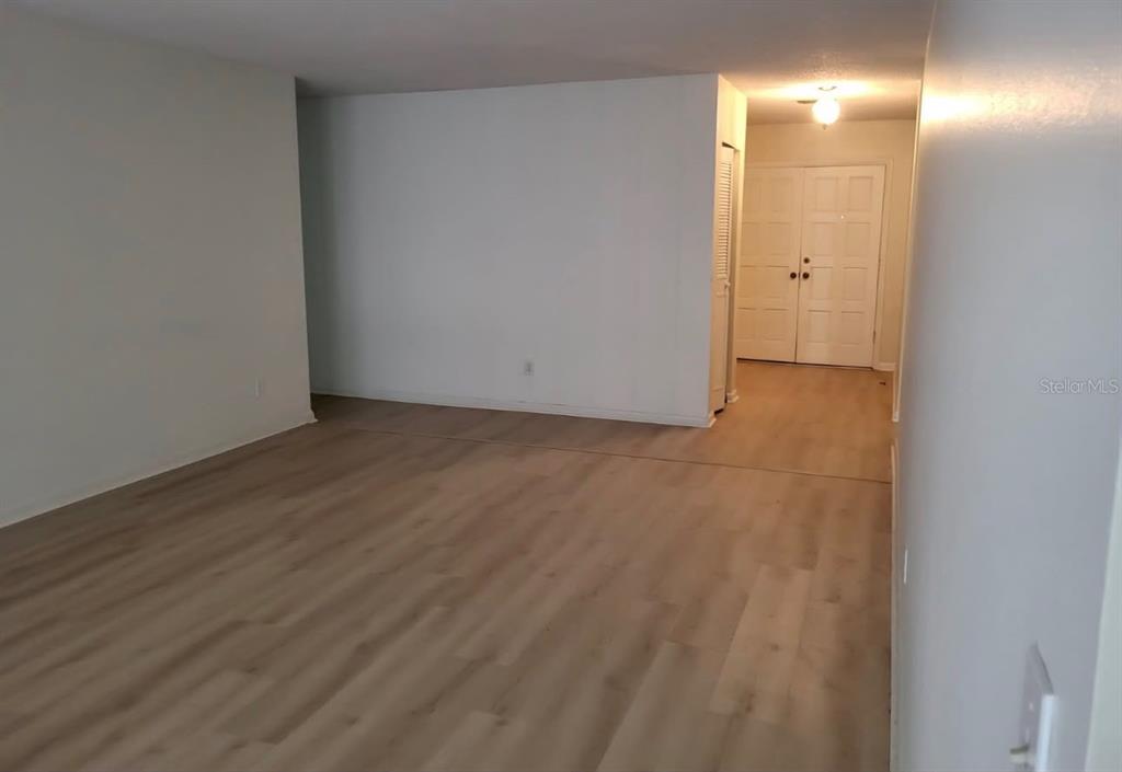 An empty room with light wood-look flooring and white walls leads to a double-door entrance — 4716 W SAN RAFAEL STREET, TAMPA, FL