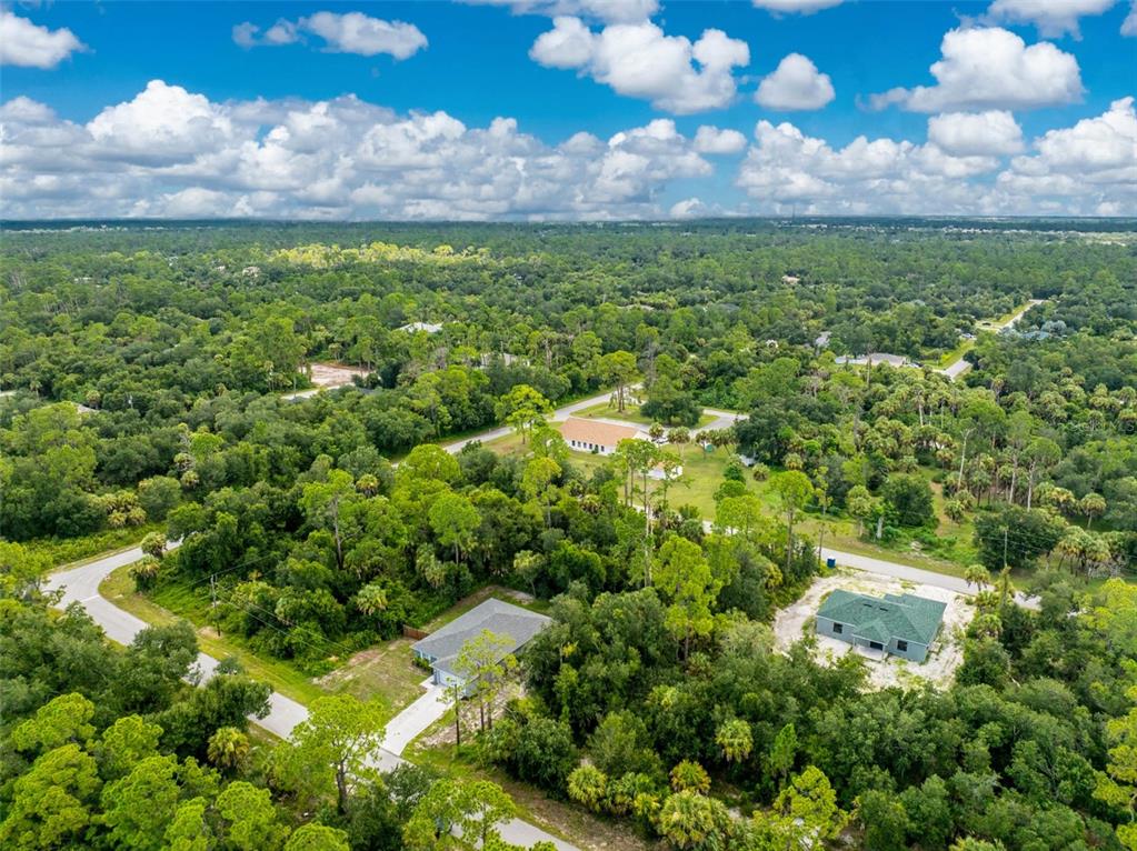 An aerial view shows several houses nestled within a dense, wooded residential area — 18346 SAGAMORE AVENUE, PORT CHARLOTTE, FL
