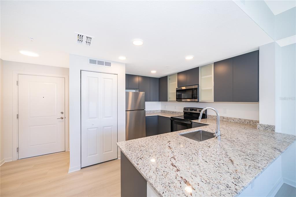 A modern kitchen features granite countertops, stainless steel appliances, and dark gray cabinetry — 5579 MILLENIA PARK BOULEVARD UNIT 219, ORLANDO, FL