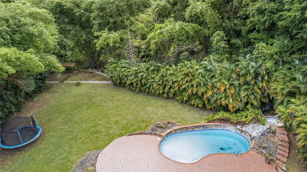 An aerial view of a backyard featuring a swimming pool, a trampoline, and lush landscaping — Tintillo Hills 606 CALLE 1 TINTILLO HILLS, GUAYNABO, PR
