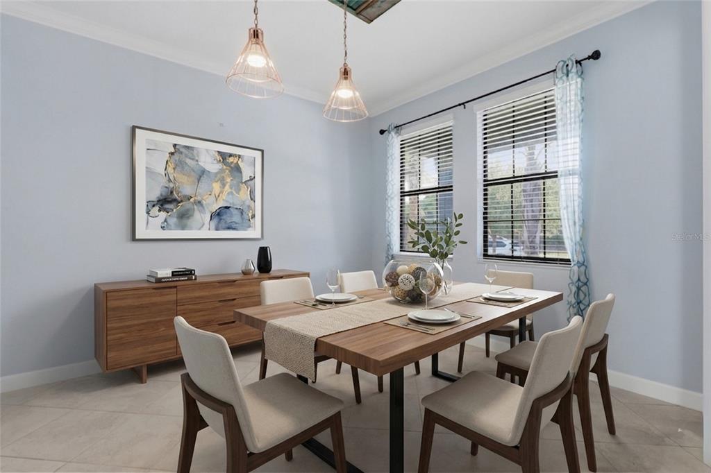 A dining room features a wooden table, six chairs, a sideboard, and two pendant lights — 13917 ROSEATE TERN LANE, RIVERVIEW, FL
