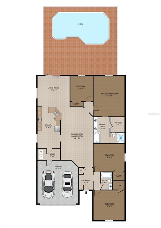 This is a floor plan of a house featuring four bedrooms, a pool, and a garage — 839 MARIETTA LANE, EUSTIS, FL