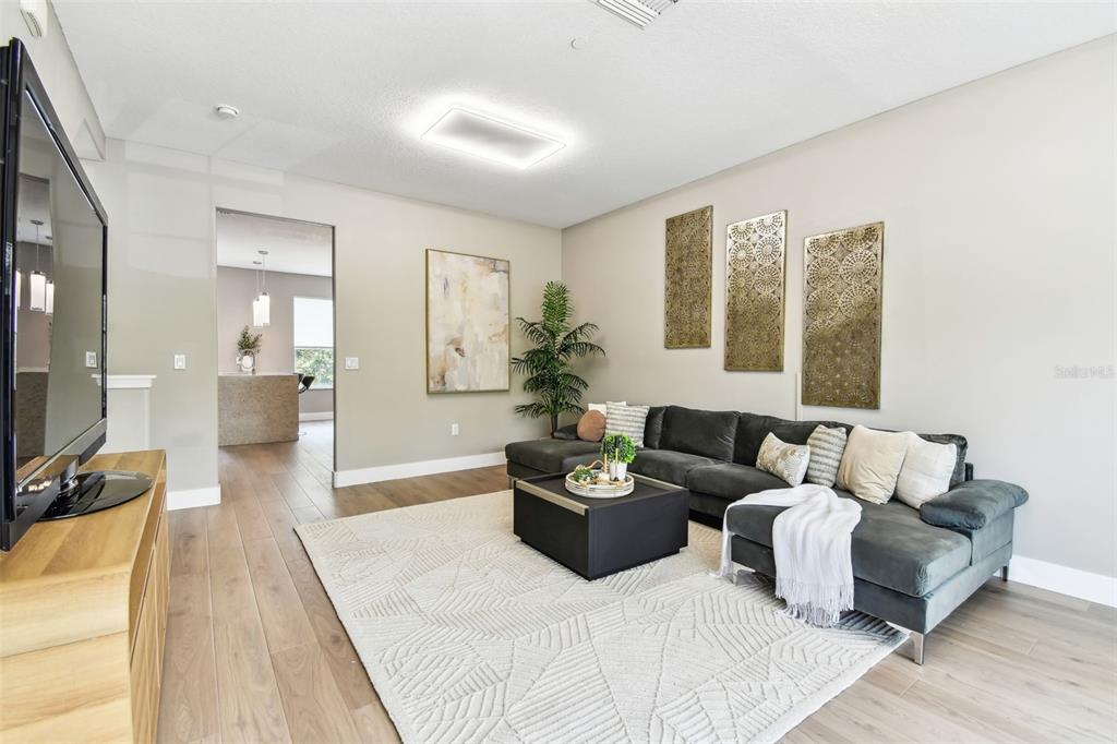 A living room features a dark sectional sofa, a patterned area rug, and wall art — 2547 LEXINGTON OAK DRIVE, BRANDON, FL