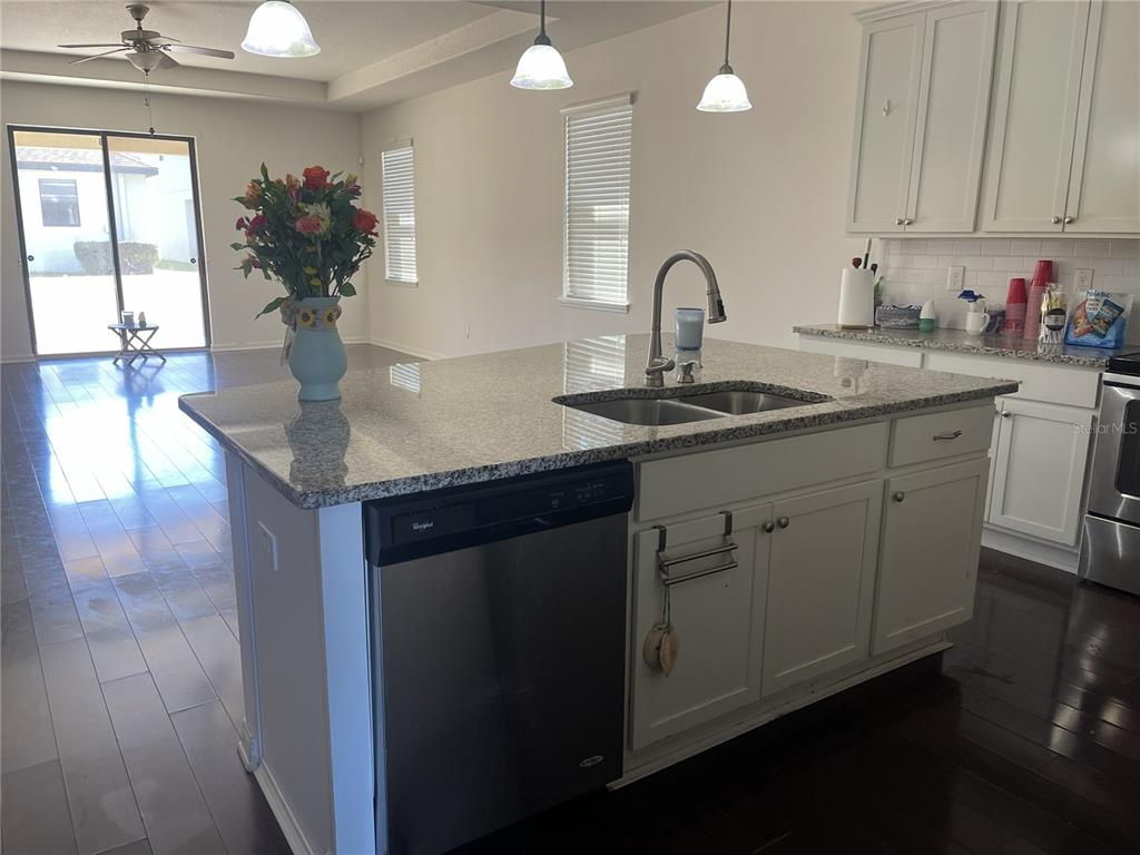 A kitchen island with a stainless steel dishwasher and granite countertop sits in a kitchen — 12433 BALLENTRAE FOREST DRIVE, RIVERVIEW, FL