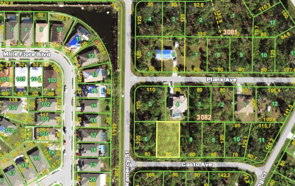This is a satellite map showing residential lots and street layouts in a neighborhood — 15284 CASTO AVENUE, PORT CHARLOTTE, FL