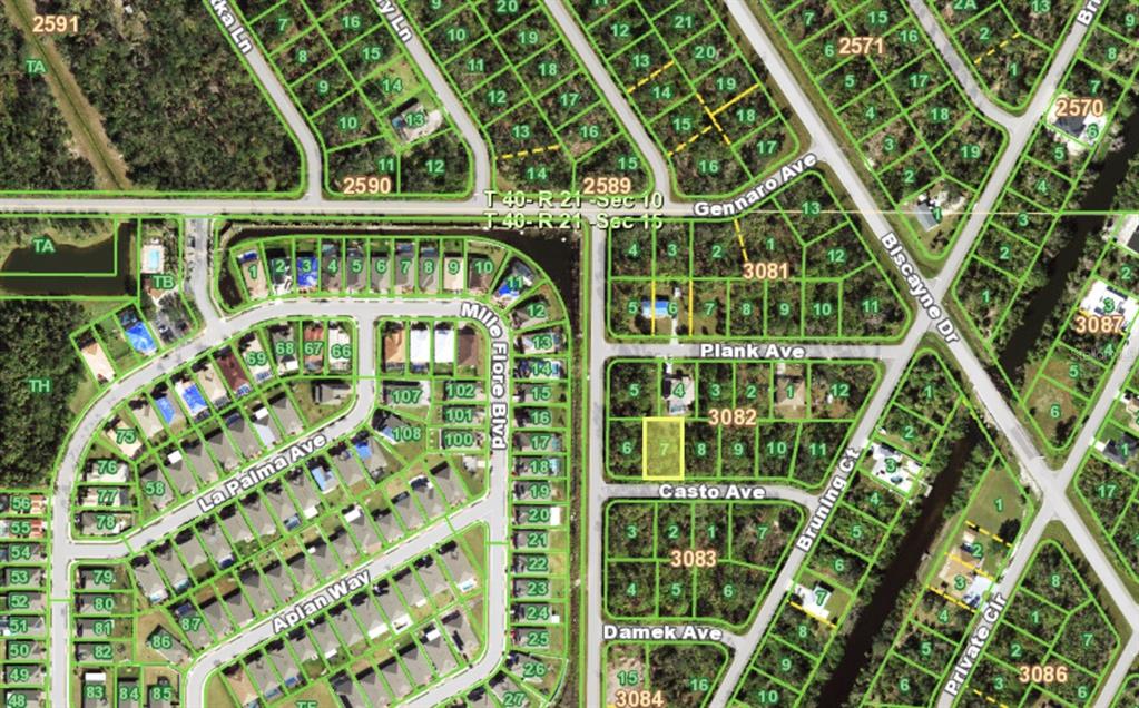 This is an aerial map showing residential lots, streets, and surrounding vegetation — 15284 CASTO AVENUE, PORT CHARLOTTE, FL