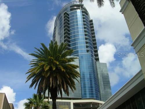 A tall, modern glass skyscraper rises behind a large palm tree under a blue sky — 111-3 WASHINGTON STREET, ORLANDO, FL