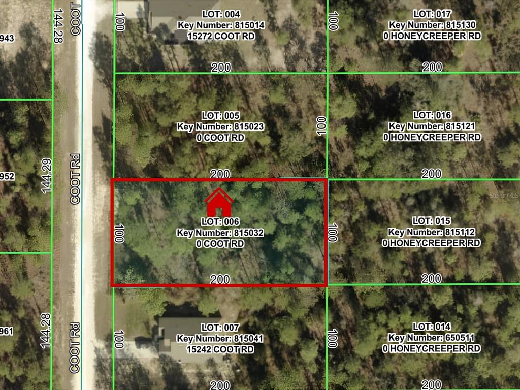 This is a property map showing a highlighted rectangular lot among surrounding wooded parcels — 15252 COOT ROAD, BROOKSVILLE, FL