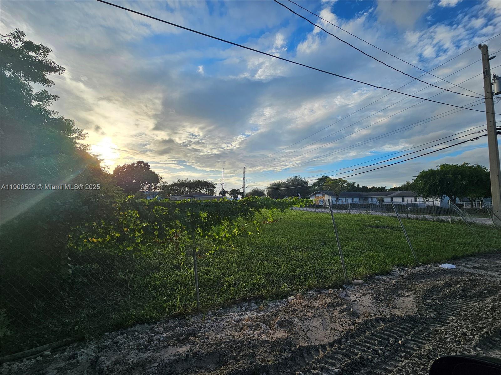 A chain-link fence encloses a grassy lot under a cloudy sky at sunset — 2140 NW 76th St, Miami FL 33147, MIAMI, FL