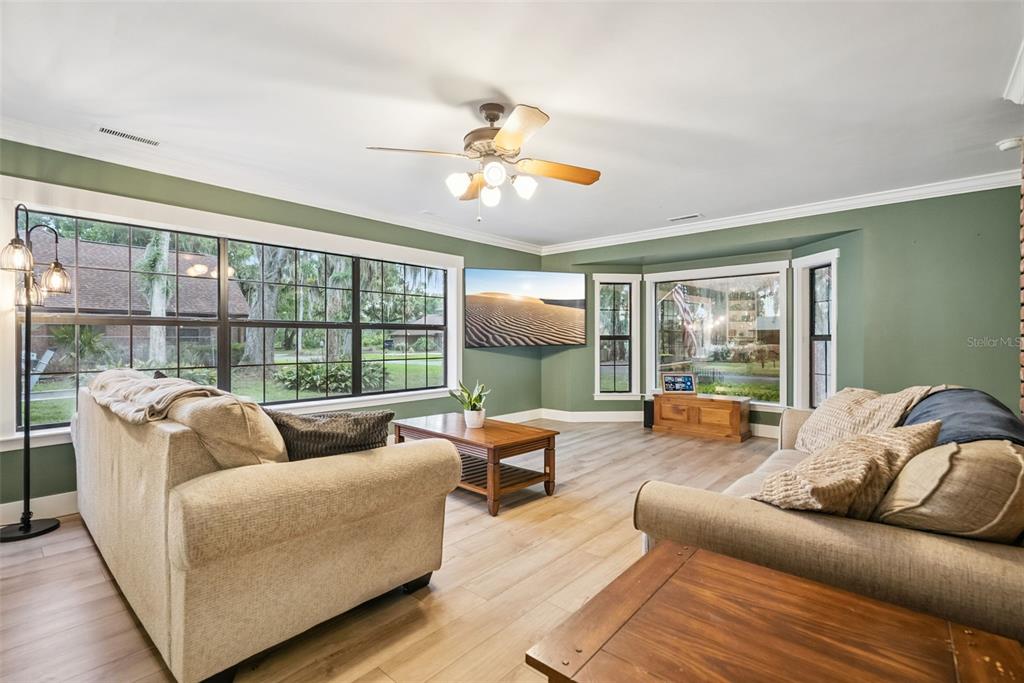 A living room with green walls, light wood floors, a ceiling fan, and large windows — 1000 BOYLSTON STREET, LEESBURG, FL