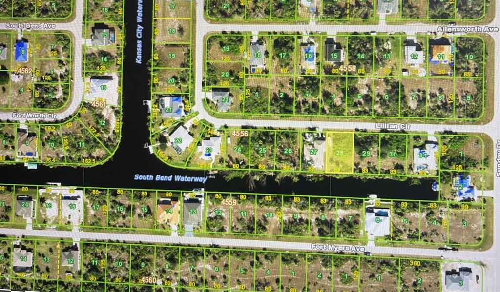 This is a satellite map view of a residential neighborhood with canal-front lots — 14550 LILLIAN CIRCLE, PORT CHARLOTTE, FL
