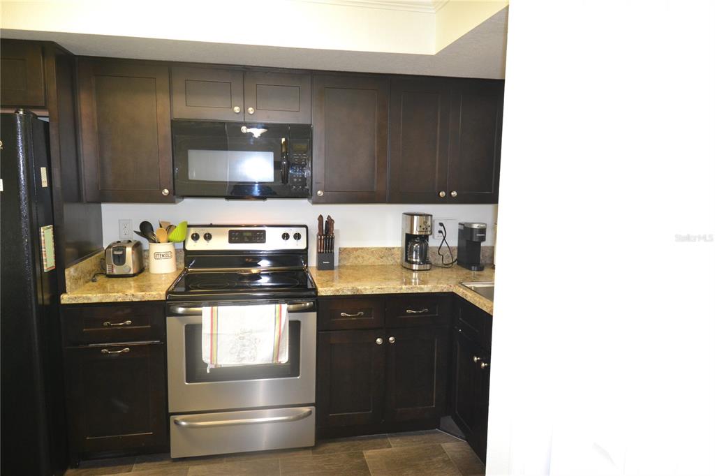 A kitchen features dark wood cabinets, stainless steel appliances, and tan granite countertops — 161 LAKESIDE DRIVE, OLDSMAR, FL