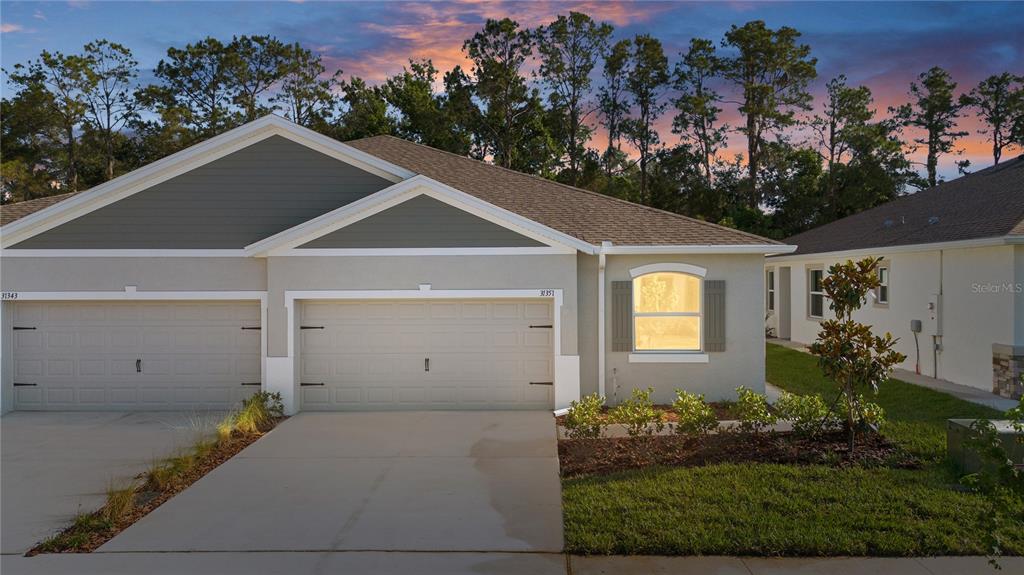 A duplex home exterior features two garage doors, a single window, and a concrete driveway — 31351 PAPER BIRCH STREET, WESLEY CHAPEL, FL