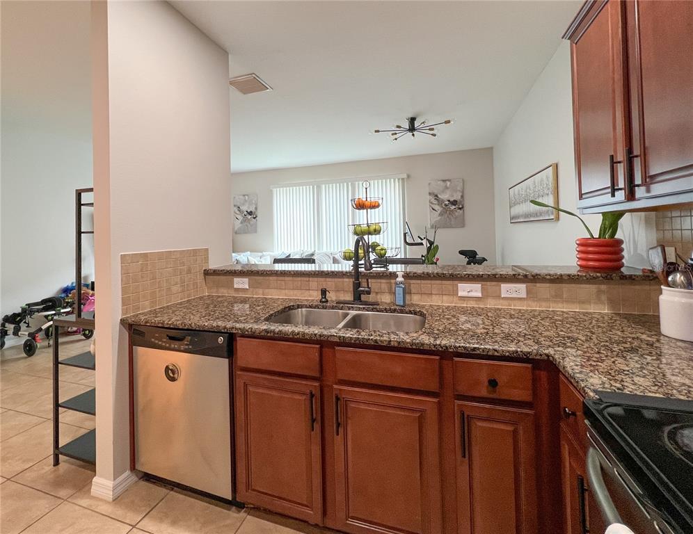 A kitchen features granite countertops, a stainless steel dishwasher, and wooden cabinets — 772 SPRING FLOWERS TRAIL, BRANDON, FL