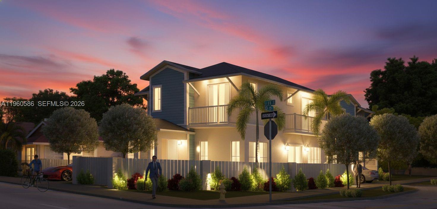 This is a digital rendering of a two-story house at dusk with a fenced yard — 481 NE 61st St, Miami FL 33137, MIAMI, FL