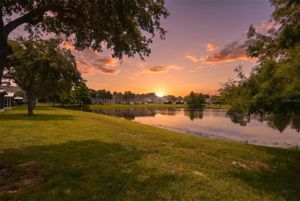 A grassy lawn overlooks a pond with houses in the background during a sunset — 2688 SICILY DRIVE, NEW SMYRNA BEACH, FL