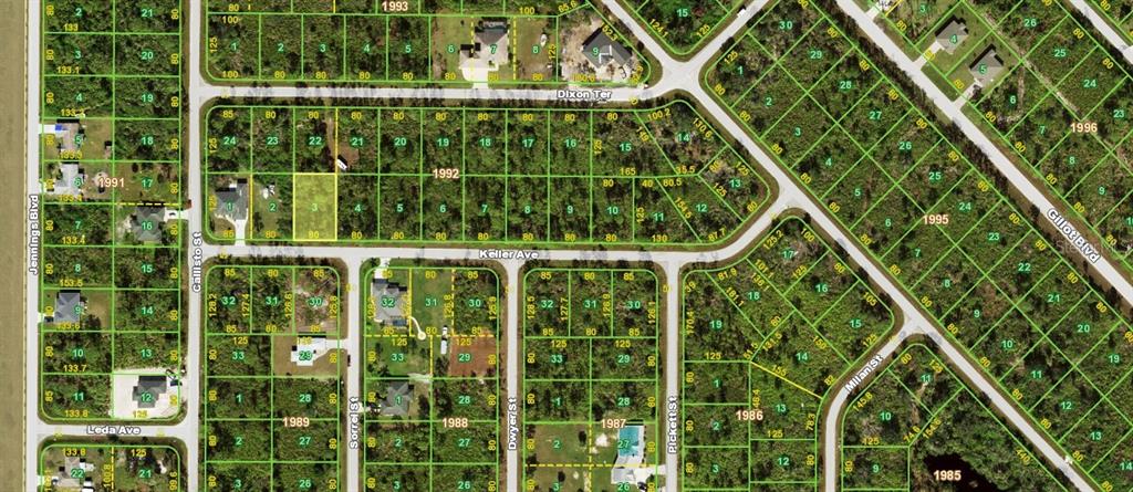 This is a satellite map showing residential land parcels and street layouts in a neighborhood — 12054 KELLER AVENUE, PORT CHARLOTTE, FL