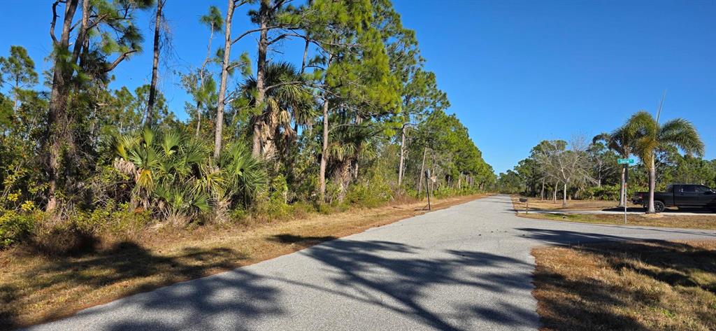 A paved road runs through a wooded area with a truck parked on the right side — 12054 KELLER AVENUE, PORT CHARLOTTE, FL