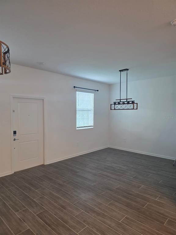 An empty room features wood-look tile flooring, a white door, a window, and a pendant light — 13882 TITLE WAY, WINTER GARDEN, FL