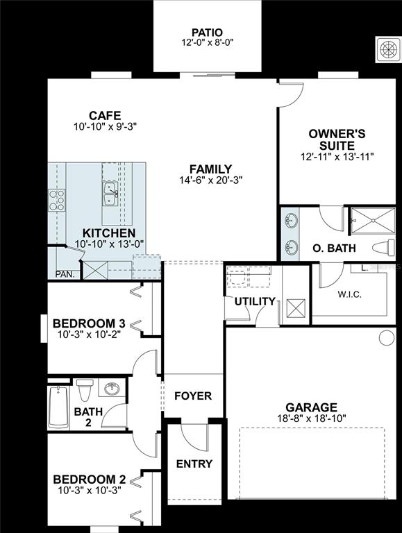 This is a floor plan for a single-story home featuring three bedrooms and a garage — 420 HILLSHIRE PLACE, SPRING HILL, FL
