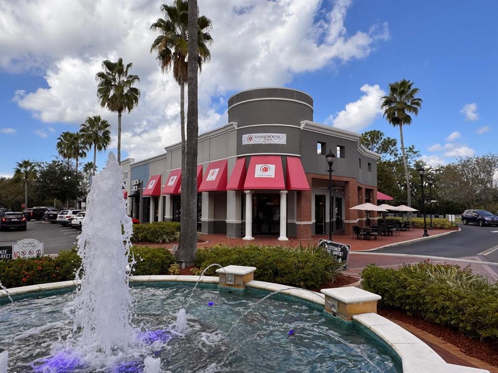 A fountain sits in front of a commercial building with red awnings and palm trees — 9664 W LINEBAUGH AVE, TAMPA, FL