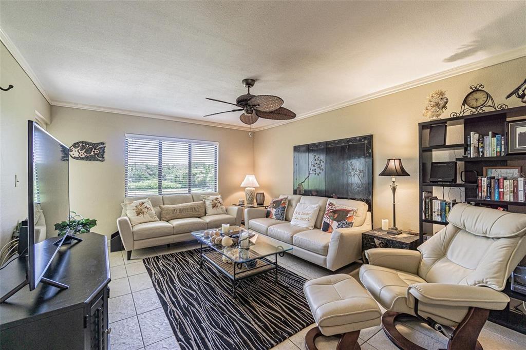 A living room features two beige sofas, a matching recliner, and a black area rug — 1515 S PINELLAS BAYWAY S S UNIT 29, TIERRA VERDE, FL