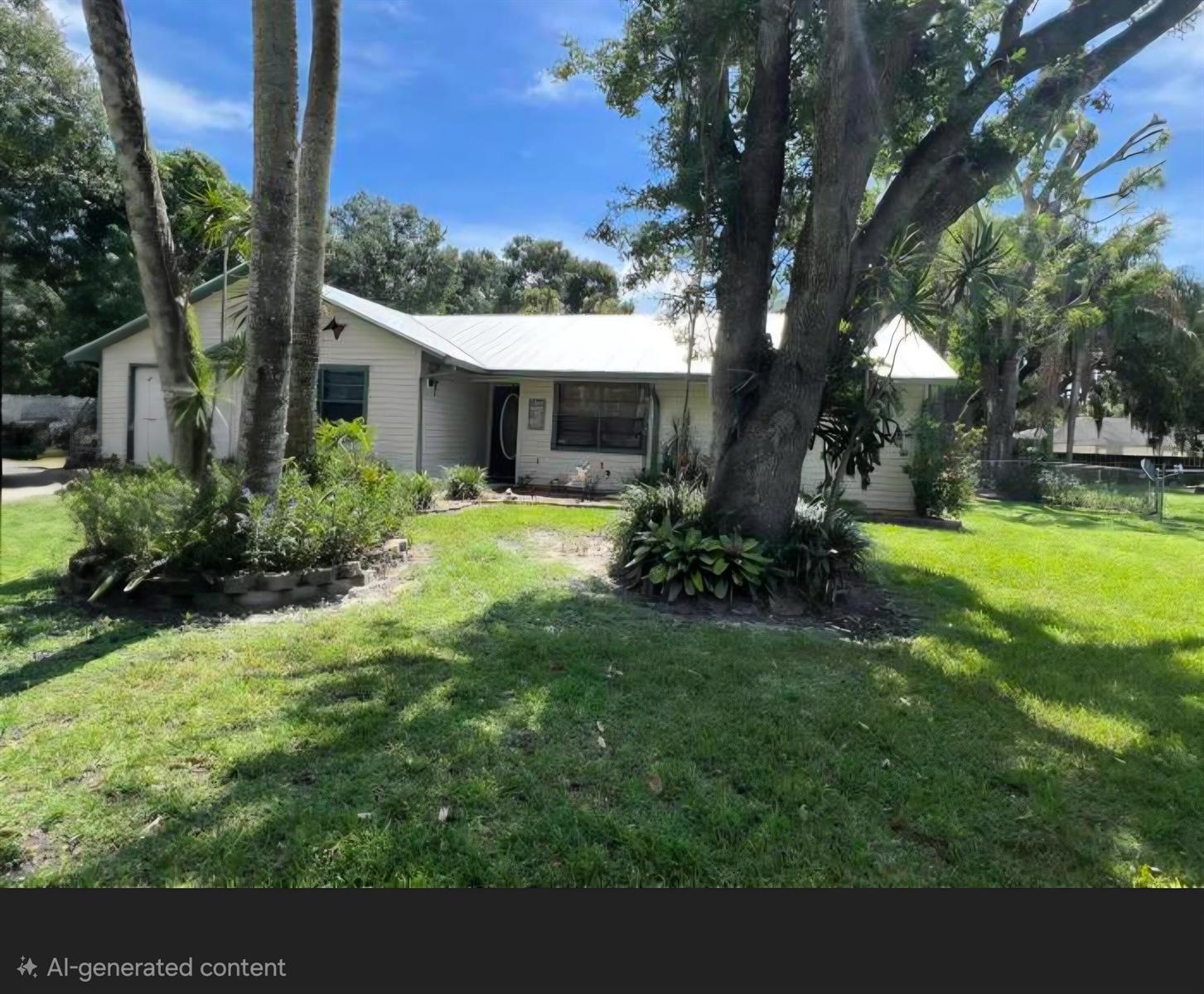 A single-story house with light siding and a metal roof sits behind large trees — 1396 SW 19th Terrace, Okeechobee FL 34974, OKEECHOBEE, FL