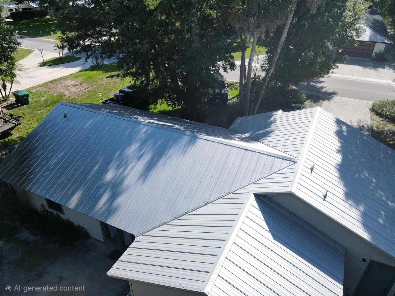An aerial view of a house with a light-colored metal roof and surrounding trees — 1396 SW 19th Terrace, Okeechobee FL 34974, OKEECHOBEE, FL