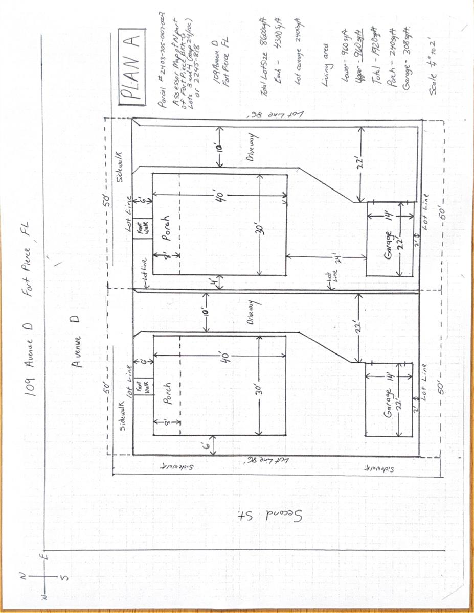 This is a hand-drawn site plan showing two residential lots with building footprints and dimensions — 109 D Avenue, Fort Pierce FL 34950, FORT PIERCE, FL