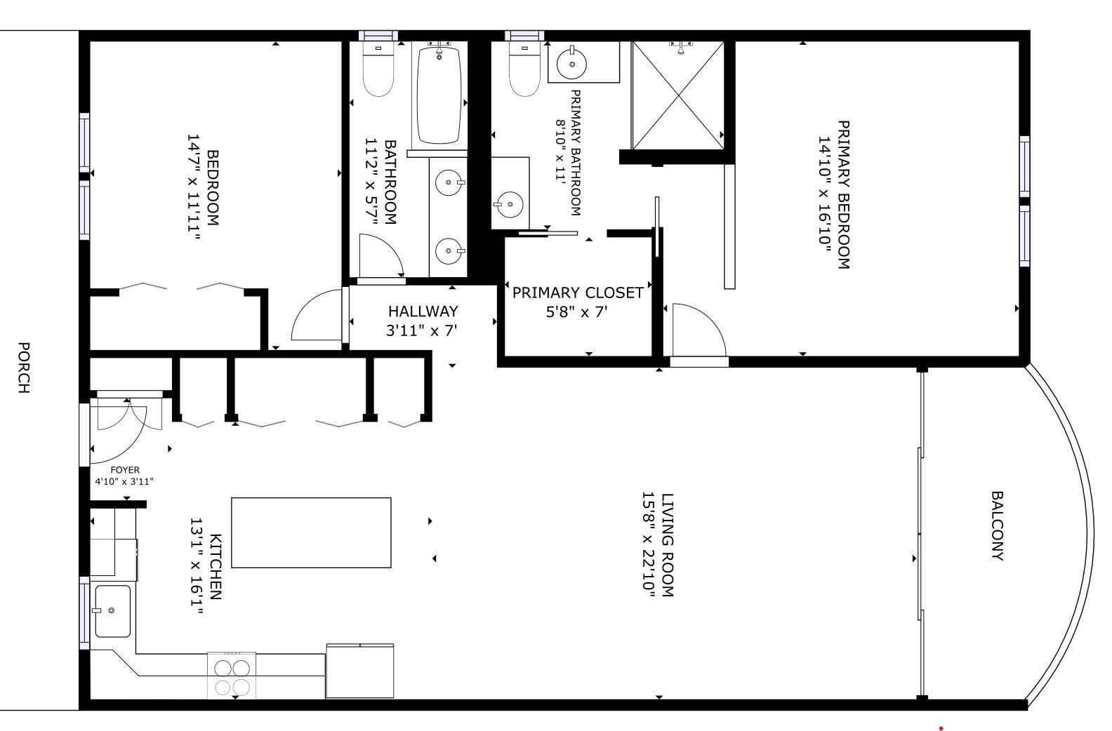 This is a floor plan for a two-bedroom apartment with a balcony and a porch — 5300 Highway A1a # 408, Vero Beach FL 32963, VERO BEACH, FL