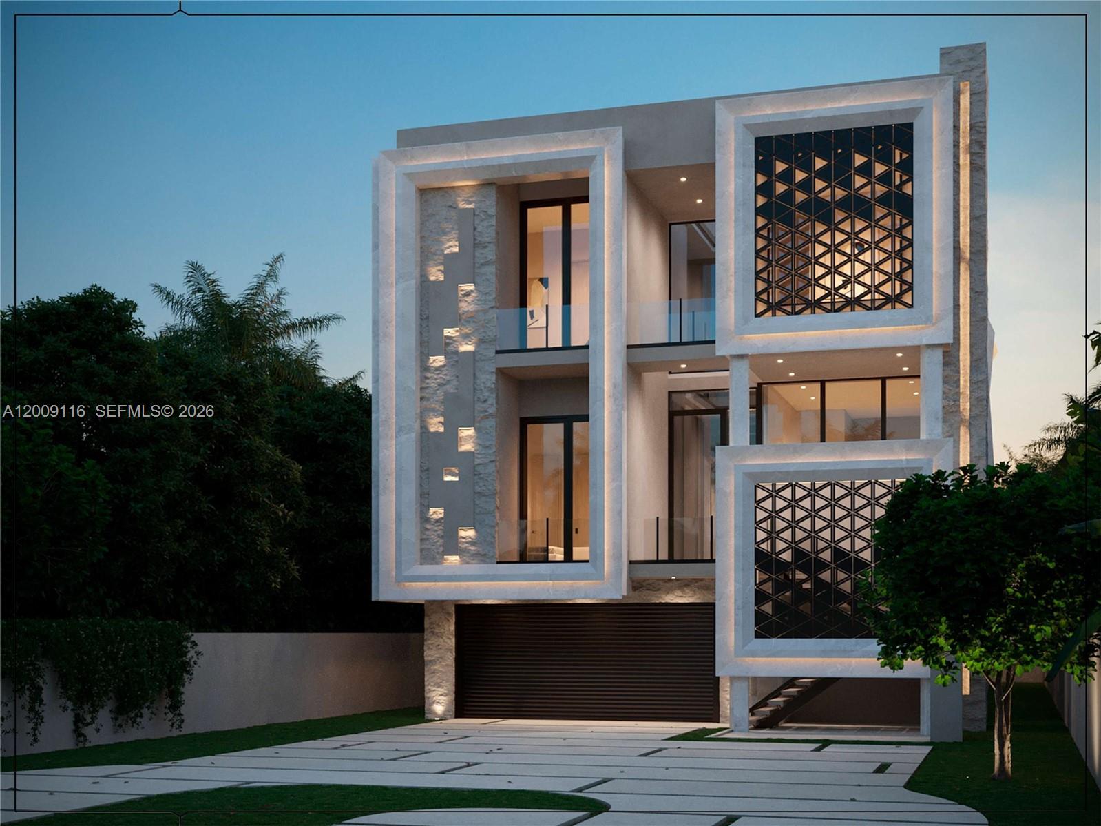 This architectural rendering shows a modern three-story house with stone accents and geometric metal screens — 185 Ocean Blvd, Golden Beach FL 33160, GOLDEN BEACH, FL