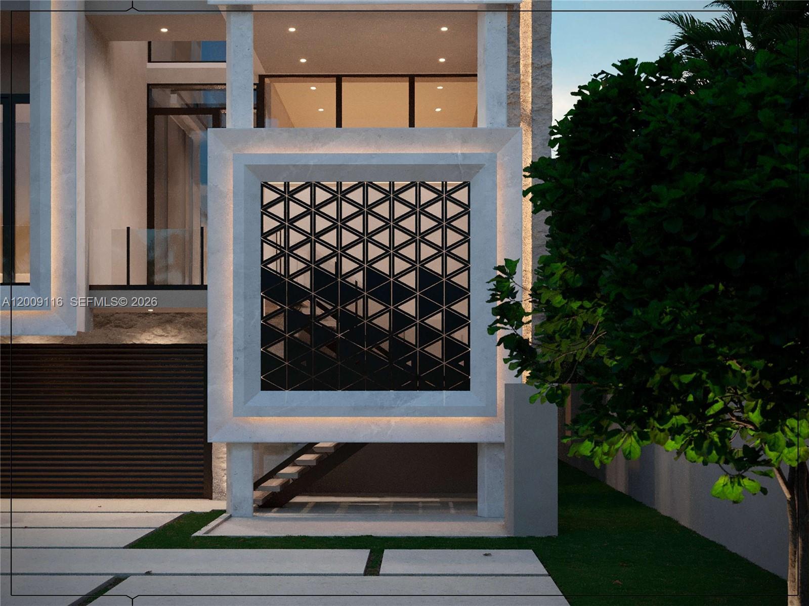 This architectural rendering shows a modern home exterior featuring a geometric metal screen facade — 185 Ocean Blvd, Golden Beach FL 33160, GOLDEN BEACH, FL