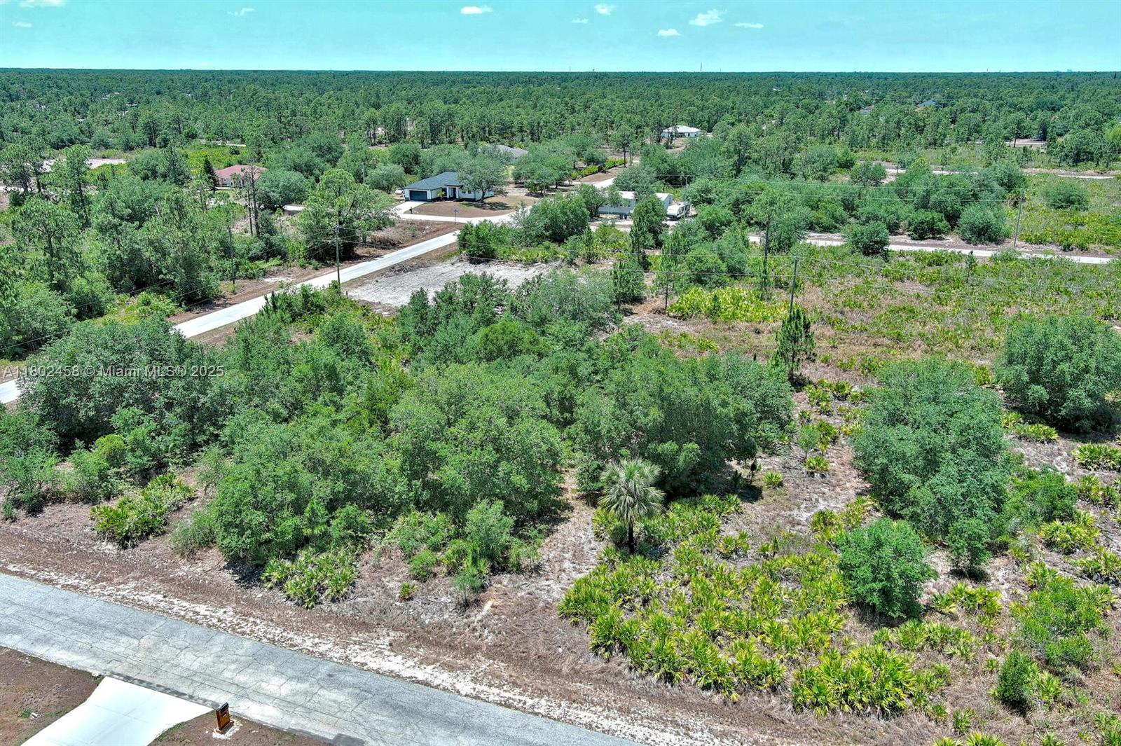 An aerial view shows a wooded, undeveloped lot with a paved road in the foreground — 603 FITCH AVE, Lehigh Acres FL 33972, LEHIGH ACRES, FL