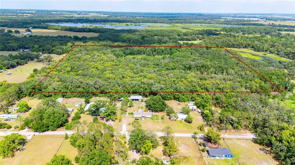 An aerial view shows a large, rectangular wooded lot outlined in red behind several houses — BRADLEY DRIVE, DADE CITY, FL