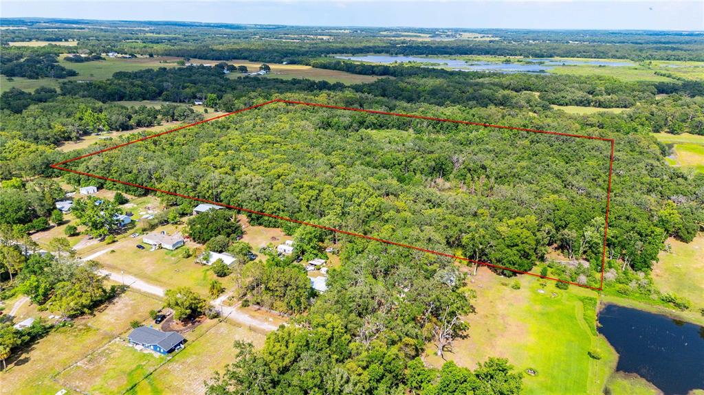 An aerial view shows a large, rectangular wooded lot outlined in red near residential houses — BRADLEY DRIVE, DADE CITY, FL