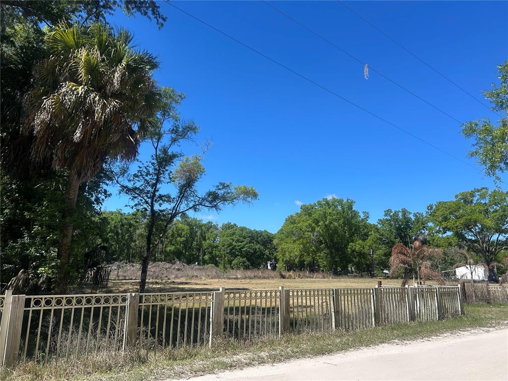 A fenced, grassy vacant lot with trees under a clear blue sky — 1565 CREEK ROAD, WESLEY CHAPEL, FL