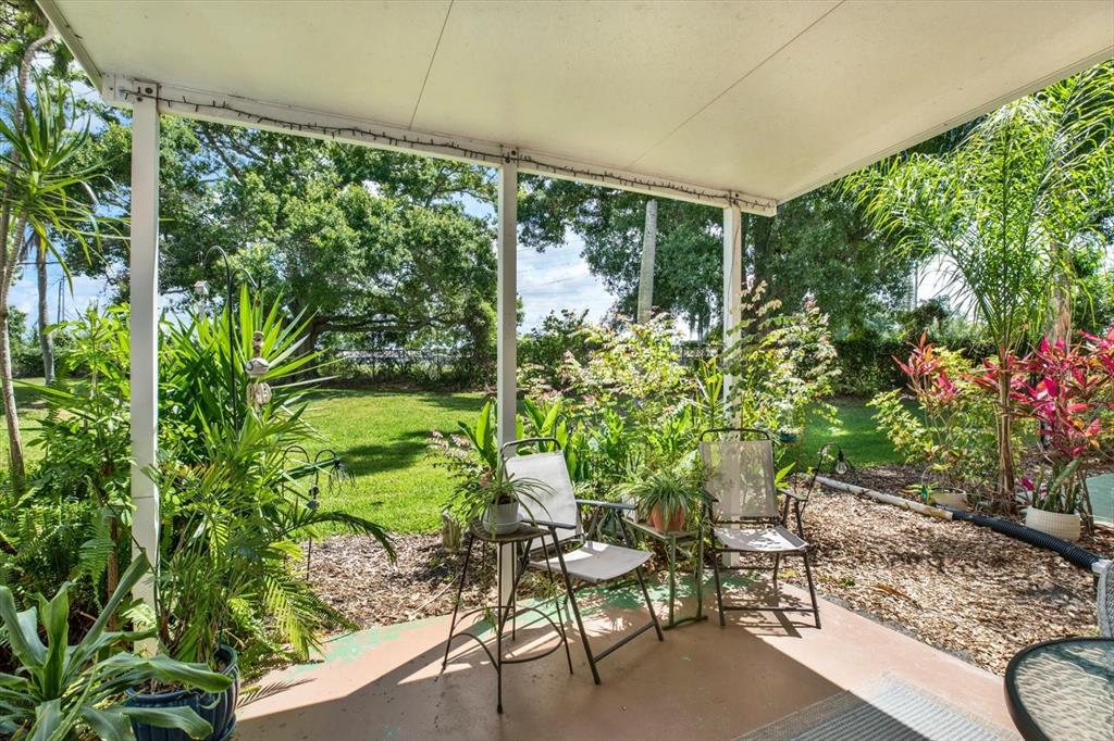 A covered patio with two chairs overlooks a grassy backyard filled with trees and plants — 2458 COLUMBIA DRIVE UNIT 24, CLEARWATER, FL