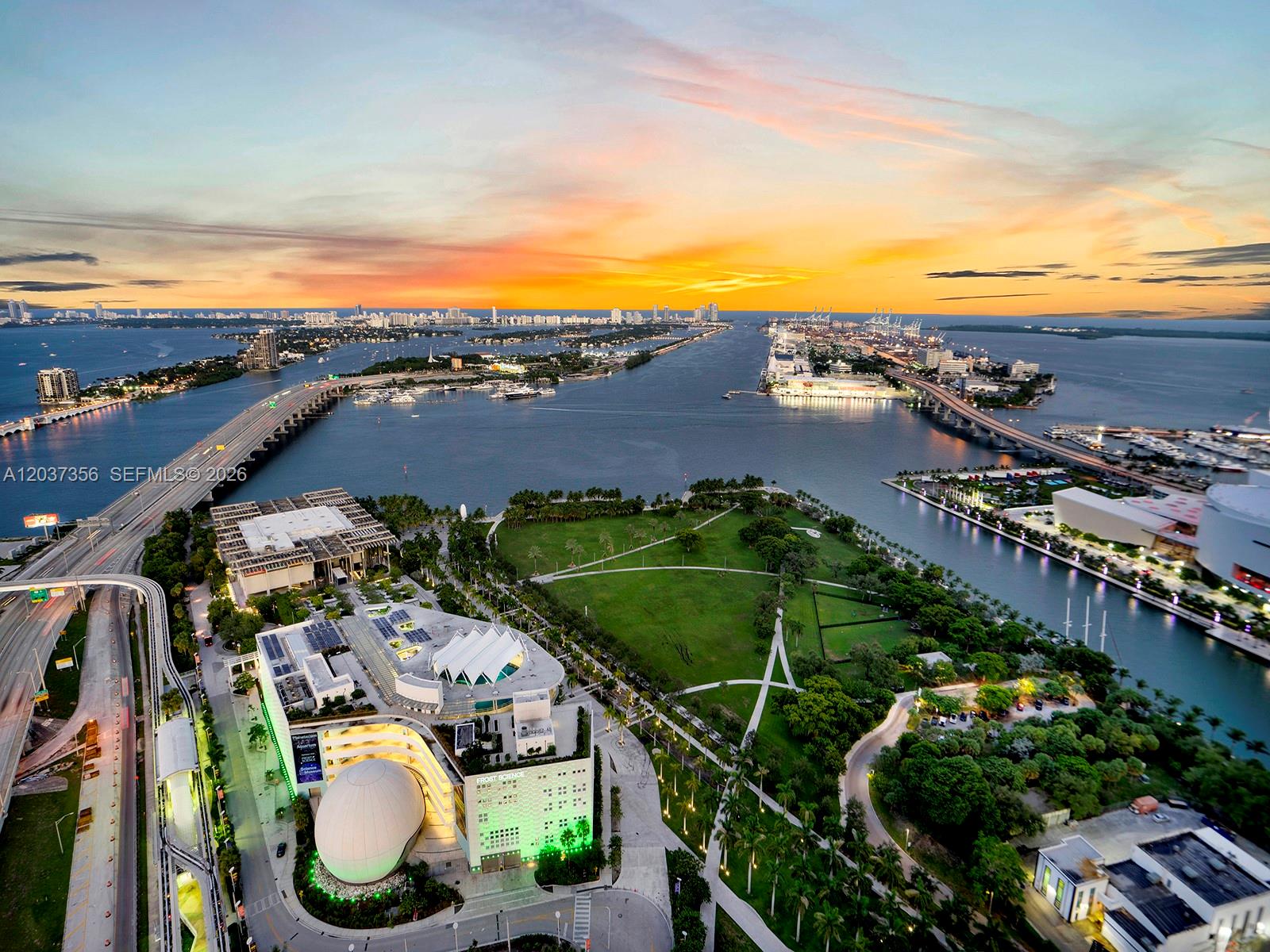 Aerial view of the Phillip and Patricia Frost Museum of Science and surrounding parkland — 1100 Biscayne Blvd # 4001, Miami FL 33132, MIAMI, FL