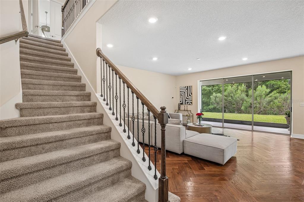 A carpeted staircase leads to a living area with hardwood floors and sliding glass doors — 11054 SUNDRIFT DRIVE, TAMPA, FL