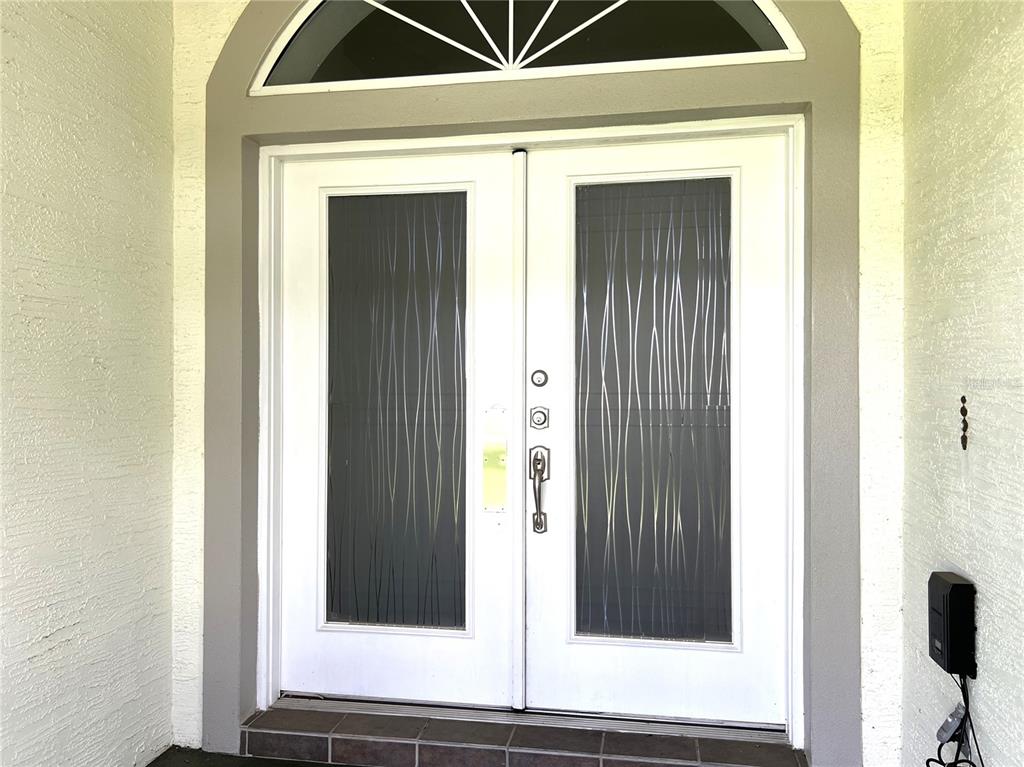 A white double front door with decorative frosted glass panels sits within a gray frame — 36320 PINEY RIDGE BOULEVARD, FRUITLAND PARK, FL