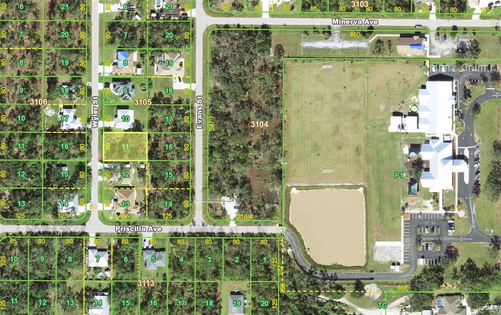 This is an aerial map showing residential lots, streets, and a large park area — 366 WYLER STREET, PORT CHARLOTTE, FL
