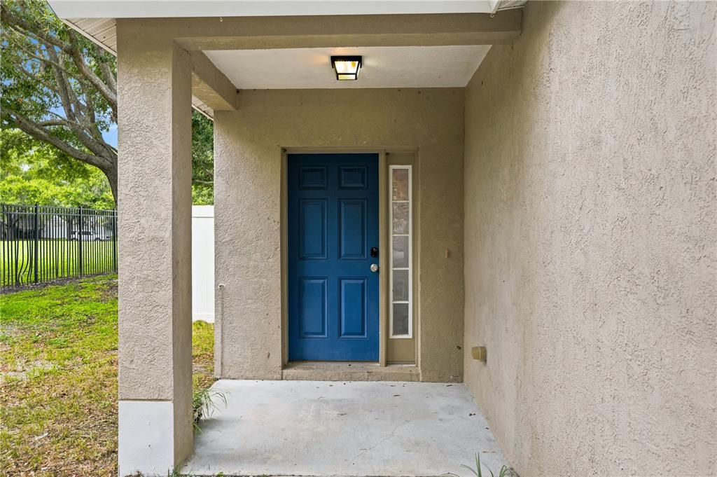 A covered concrete porch features a blue front door with a side window and stucco walls — 10215 LAKESIDE VISTA DRIVE, RIVERVIEW, FL